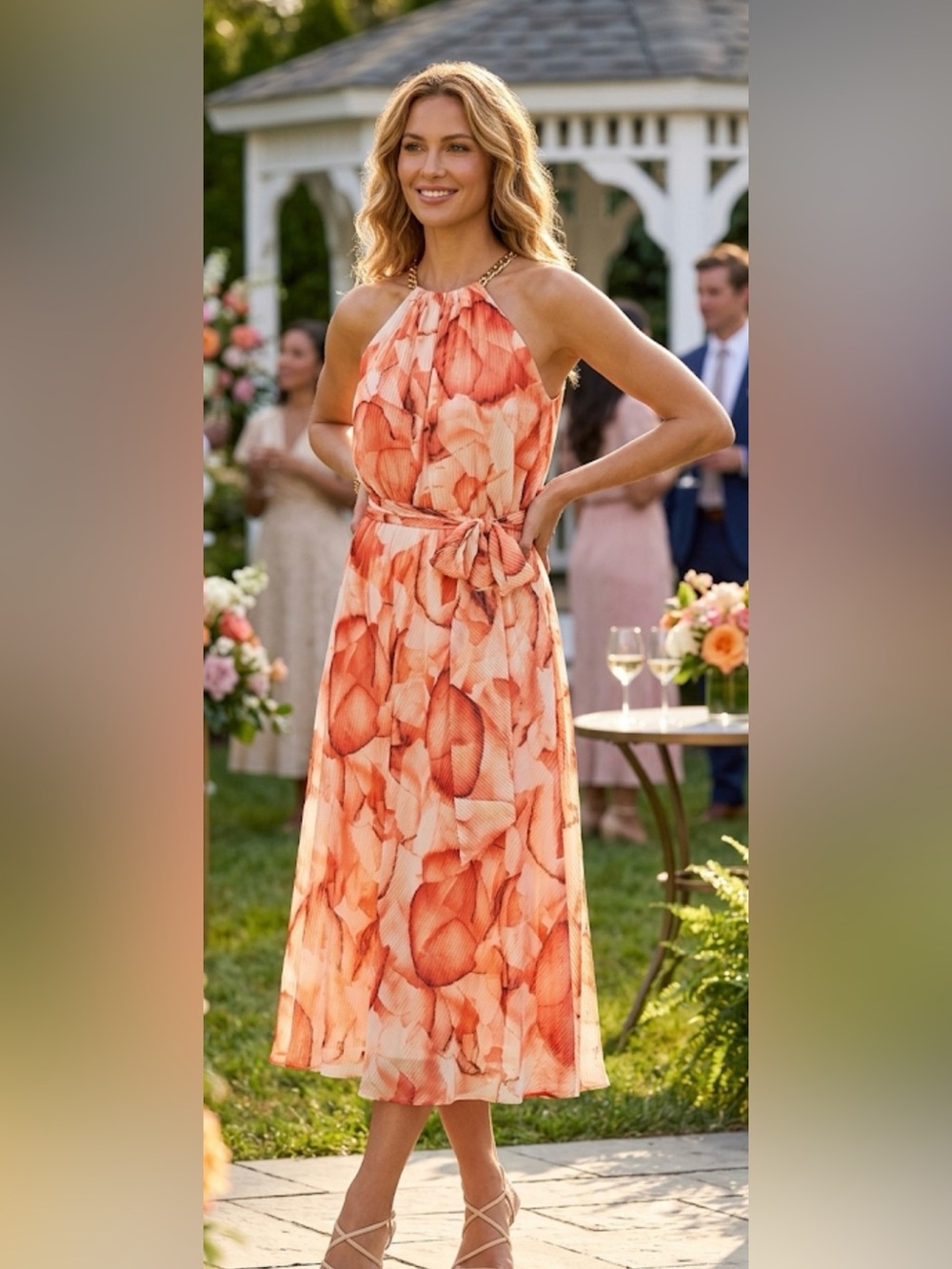 Donna Karan Orange Floral Halter-Neck Sleeveless Chain
Straps Midi Dress Sz 6